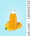 Glass bottle of orange juice with fresh oranges isolated on white 140494729