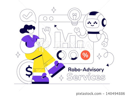 Robo Advisory Services Vector Illustration Featuring AI Powered Financial Planning, Automated Investment Management, and Fintech Advisory Solutions Robo Advisory Services Vector Illustration Featuring AI Powered Financial Planning, Automated Investment Management, and Fintech Advisory Solutions 140494886