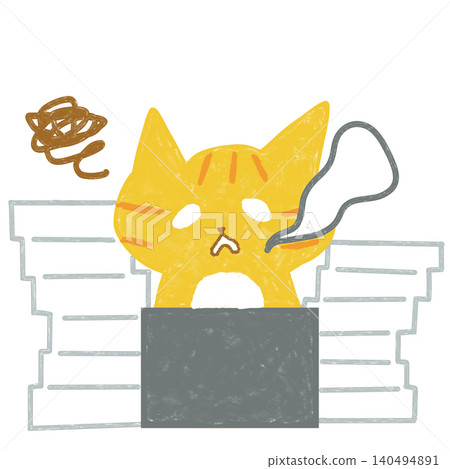 A tabby cat exhausted from being overwhelmed with work - illustration of excessive workload 140494891