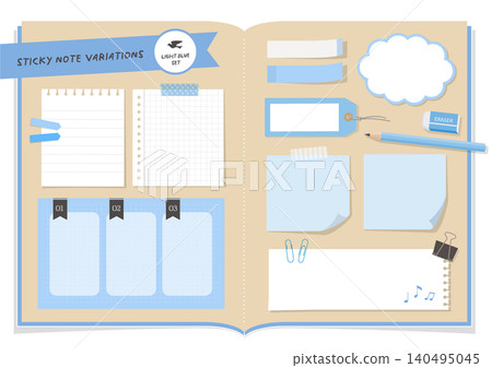 Light blue stationery and sticky note notebook set; a collection of materials for decorating planners. Light blue stationery and sticky note notebook set; a collection of materials for decorating planners. 140495045