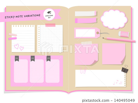 Light pink sticky notes and stationery set for decorating planners and notebooks. Light pink sticky notes and stationery set for decorating planners and notebooks. 140495049