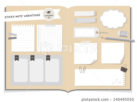 White and gray sticky notes and stationery set. Simple decorating materials for your planner. White and gray sticky notes and stationery set. Simple decorating materials for your planner. 140495050