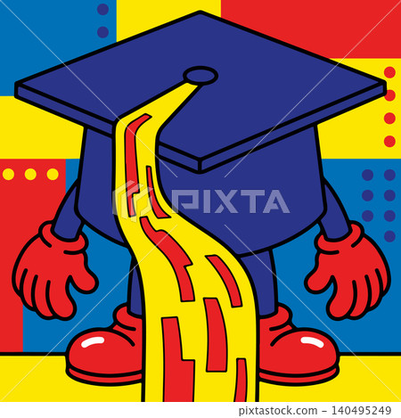 Graduation Cap Character with Yellow Path Graduation Cap Character with Yellow Path 140495249