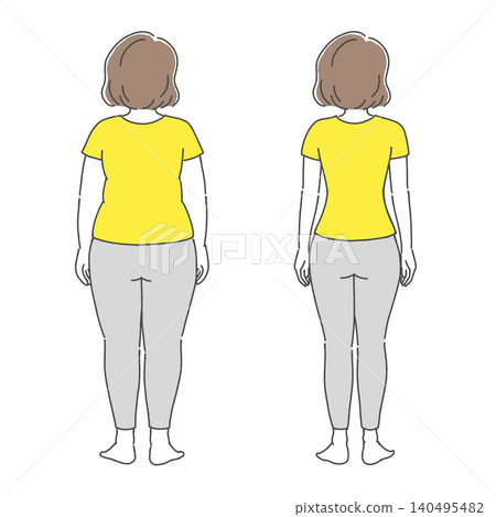 Before and after comparison illustration of a woman's back view before and after dieting. Before and after comparison illustration of a woman's back view before and after dieting. 140495482