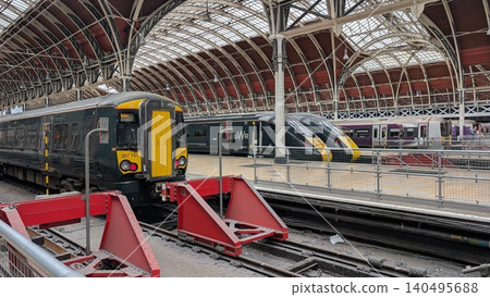 Trains lined up at London Paddington Station Trains lined up at London Paddington Station 140495688