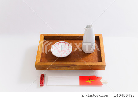 A Shinto ritual image featuring celebratory sake and Japanese tableware. 140496483