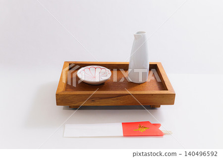 A Shinto ritual image featuring celebratory sake and Japanese tableware. 140496592