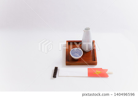 A Shinto ritual image featuring celebratory sake and Japanese tableware. 140496596