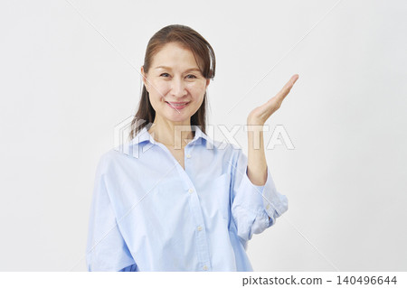 Woman pointing to the right with her palm on a white background Woman pointing to the right with her palm on a white background 140496644