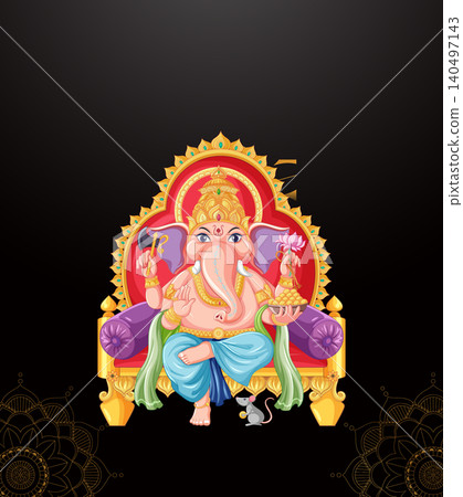 Lord Ganesha Sitting on Golden Throne with Mandala Background Illustration Lord Ganesha Sitting on Golden Throne with Mandala Background Illustration 140497143