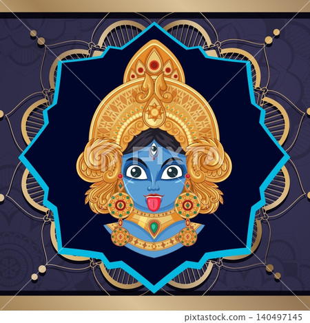 Vector Illustration of Blue Hindu Goddess Kali with Golden Crown 140497145