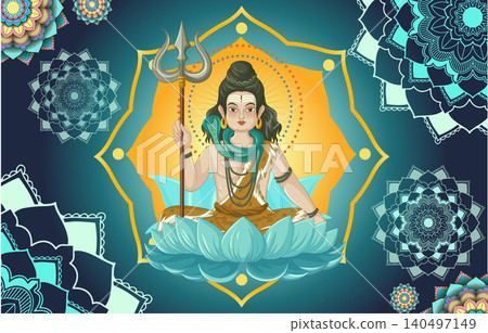 Hindu Deity Shiva Sitting on Lotus with Trident and Snake 140497149
