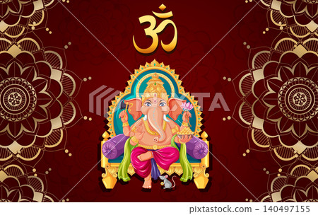 Lord Ganesha Sitting on a Golden Throne with Om Symbol Background Lord Ganesha Sitting on a Golden Throne with Om Symbol Background 140497155