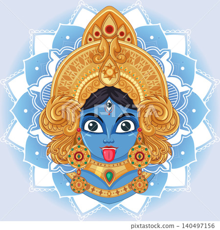 Blue Hindu Goddess Kali Vector Illustration with Golden Crown and Mandala Blue Hindu Goddess Kali Vector Illustration with Golden Crown and Mandala 140497156