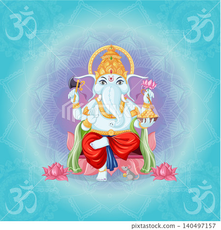 Lord Ganesha Vector Illustration with Mandala Background and Om Symbols Lord Ganesha Vector Illustration with Mandala Background and Om Symbols 140497157