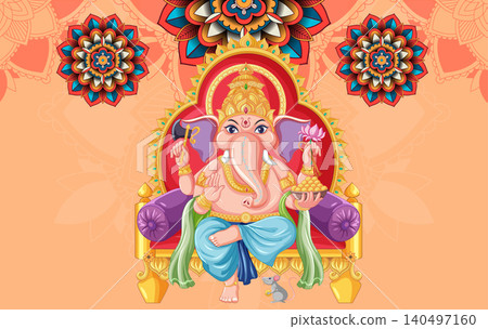 Lord Ganesha Sitting on Golden Throne with Mandala Background Vector Illustration Lord Ganesha Sitting on Golden Throne with Mandala Background Vector Illustration 140497160
