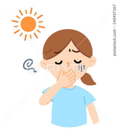 An illustration of a woman who looks like she's about to vomit due to heatstroke; nausea, feeling unwell, discomfort. An illustration of a woman who looks like she's about to vomit due to heatstroke; nausea, feeling unwell, discomfort. 140497167