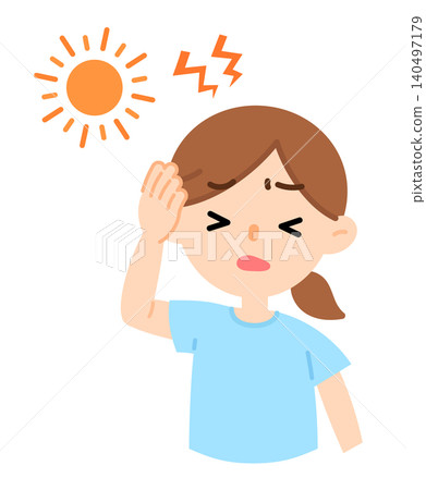 Illustration of a woman with a headache due to heatstroke; headache, migraine Illustration of a woman with a headache due to heatstroke; headache, migraine 140497179