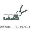 An illustration depicting the extraction of a single tooth, such as one that has become problematic due to decay, using forceps. 140497634