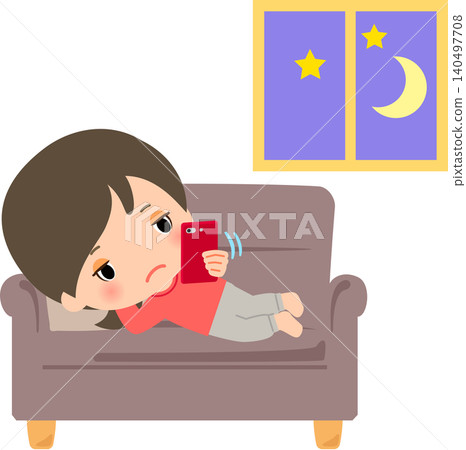 A young woman staying up late playing on her smartphone. A young woman staying up late playing on her smartphone. 140497708