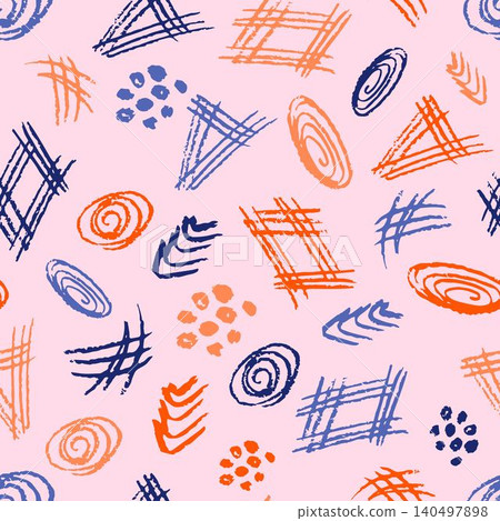 Abstract vector seamless pattern. Red, blue strokes, shapes, dots, doodle spirals on a pink background. For prints of fabric, packaging, textile products, home decor, clothing. Abstract vector seamless pattern. Red, blue strokes, shapes, dots, doodle spirals on a pink background. For prints of fabric, packaging, textile products, home decor, clothing. 140497898