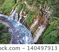 The clear blue waters of the Biei River and the glittering, lush green valleys of Biei Town, Hokkaido. 140497913