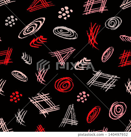 Abstract vector seamless pattern. Red, pink, gray strokes, shapes, dots, spirals on a black background. For prints of fabric, packaging, textile products, home decor, clothing. Abstract vector seamless pattern. Red, pink, gray strokes, shapes, dots, spirals on a black background. For prints of fabric, packaging, textile products, home decor, clothing. 140497932