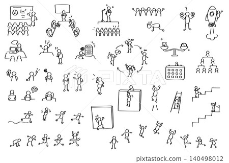 Business graffiti-style material set | Various business situations drawn with stick figures 140498012