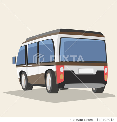 Flat vector illustration showing a three-quarter rear perspective of a modern camper van. The vehicle features blue glass windows round tail lights and a white license plate against a plain backdrop. Flat vector illustration showing a three-quarter rear perspective of a modern camper van. The vehicle features blue glass windows round tail lights and a white license plate against a plain backdrop. 140498018