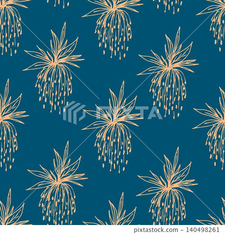 Simple abstract floral vector seamless pattern. Hand-drawn light beige outline of a flower, leaves on a blue background. For prints of fabric, textile products, wallpaper, clothes. Simple abstract floral vector seamless pattern. Hand-drawn light beige outline of a flower, leaves on a blue background. For prints of fabric, textile products, wallpaper, clothes. 140498261