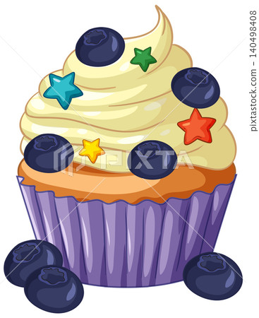 Blueberry Cupcake with Vanilla Frosting and Colorful Star Sprinkles Blueberry Cupcake with Vanilla Frosting and Colorful Star Sprinkles 140498408