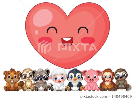 Cute Cartoon Animals Sitting Under Large Smiling Heart Character Cute Cartoon Animals Sitting Under Large Smiling Heart Character 140498409