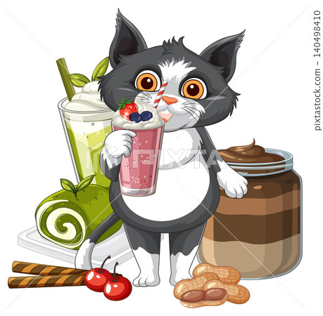 Cartoon Tuxedo Cat Holding a Strawberry Smoothie Surrounded by Sweet Desserts Cartoon Tuxedo Cat Holding a Strawberry Smoothie Surrounded by Sweet Desserts 140498410