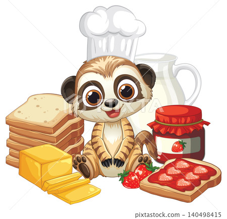 Cartoon Meerkat Chef with Bread Jam and Milk Breakfast Illustration Cartoon Meerkat Chef with Bread Jam and Milk Breakfast Illustration 140498415