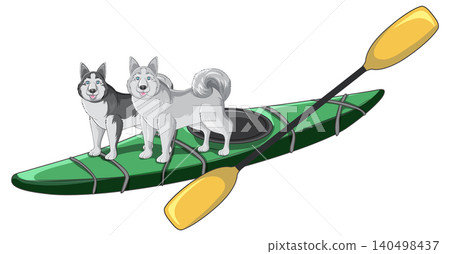 Siberian Husky Dogs Balancing on a Green Kayak with a Yellow Paddle Siberian Husky Dogs Balancing on a Green Kayak with a Yellow Paddle 140498437
