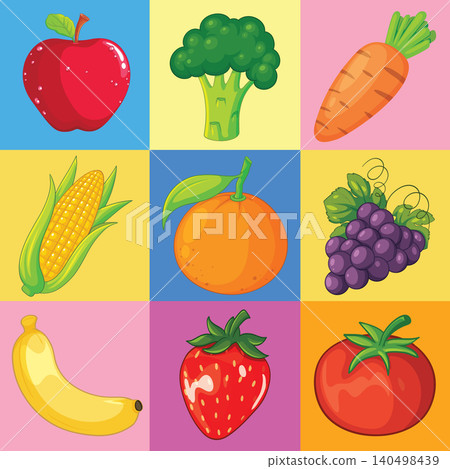 Colorful Vector Grid of Fresh Fruits and Vegetables Icons Colorful Vector Grid of Fresh Fruits and Vegetables Icons 140498439