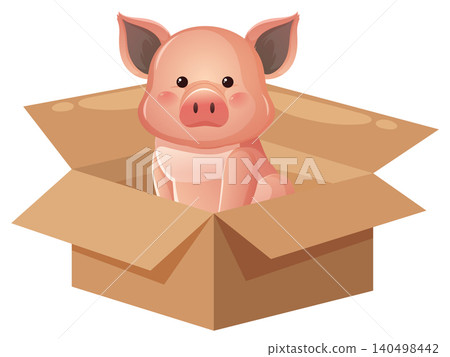 Cute Pink Piglet Sitting Inside an Open Cardboard Box Illustration Cute Pink Piglet Sitting Inside an Open Cardboard Box Illustration 140498442