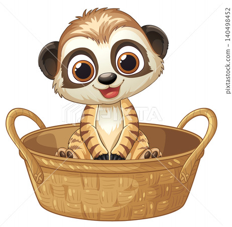 Cute Cartoon Meerkat Sitting Inside a Woven Wicker Basket Cute Cartoon Meerkat Sitting Inside a Woven Wicker Basket 140498452