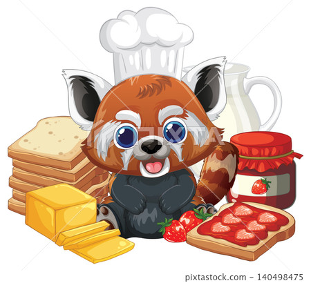 Cartoon Red Panda Chef with Breakfast Toast and Strawberry Jam Cartoon Red Panda Chef with Breakfast Toast and Strawberry Jam 140498475
