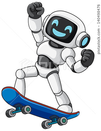 Smiling Robot Riding a Blue Skateboard in Motion 140498476