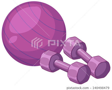Purple Fitness Stability Ball and Pair of Hexagonal Dumbbells Vector Illustration Purple Fitness Stability Ball and Pair of Hexagonal Dumbbells Vector Illustration 140498479