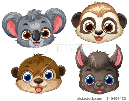 Cute Cartoon Baby Animal Faces Vector Illustration Set 140498480