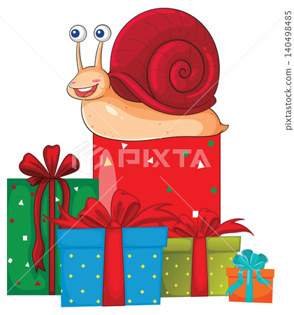 Cartoon Snail Sitting on a Stack of Colorful Wrapped Gift Boxes Cartoon Snail Sitting on a Stack of Colorful Wrapped Gift Boxes 140498485
