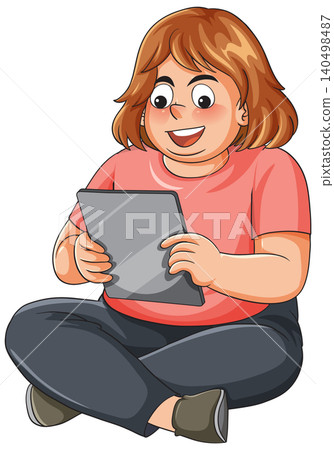 Smiling overweight woman sitting cross-legged while using a portable tablet device Smiling overweight woman sitting cross-legged while using a portable tablet device 140498487
