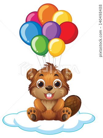 Cute Cartoon Beaver Floating on a Cloud with Colorful Balloons Cute Cartoon Beaver Floating on a Cloud with Colorful Balloons 140498488