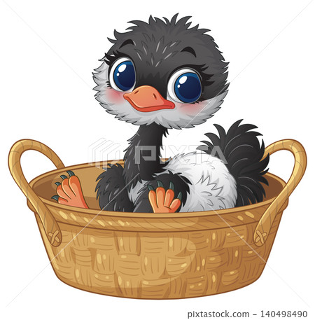 Cute Cartoon Baby Ostrich Sitting Inside a Woven Wicker Basket Cute Cartoon Baby Ostrich Sitting Inside a Woven Wicker Basket 140498490
