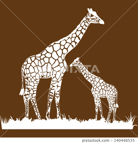 Giraffe Mother and Calf Silhouette in Grass Giraffe Mother and Calf Silhouette in Grass 140498535