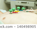 A scene showing the installation of green electrode pads and electrocardiogram cables used in medical examinations. 140498905