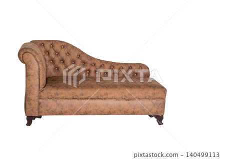 Brown vintage sofa with single-sided armrest and wave-shaped back with stitched upholstery and stretched buttons, isolated with clipped path on white background. Artwork of furniture Brown vintage sofa with single-sided armrest and wave-shaped back with stitched upholstery and stretched buttons, isolated with clipped path on white background. Artwork of furniture 140499113