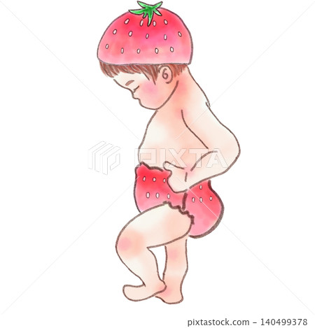Cute illustration of a baby wearing a strawberry hat and pants. Perfect for baby shower gifts or commemorative photos. Transparent PNG background. Cute illustration of a baby wearing a strawberry hat and pants. Perfect for baby shower gifts or commemorative photos. Transparent PNG background. 140499378